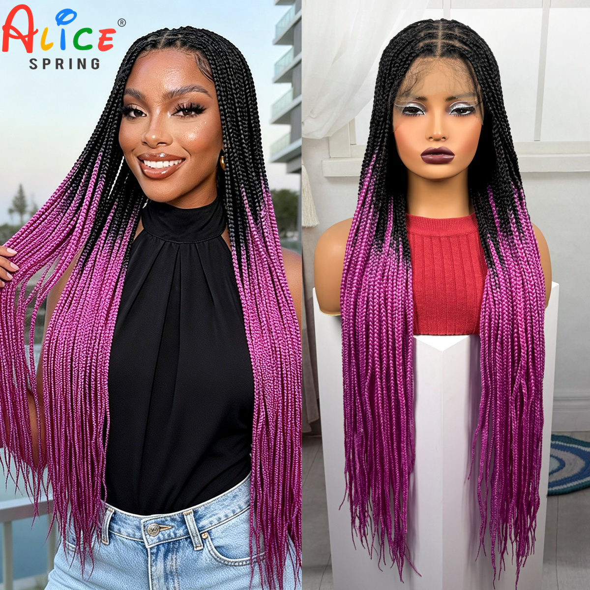 Synthetic Braided Wigs For Black Women - 36inch Long Pink Color Box Braided
