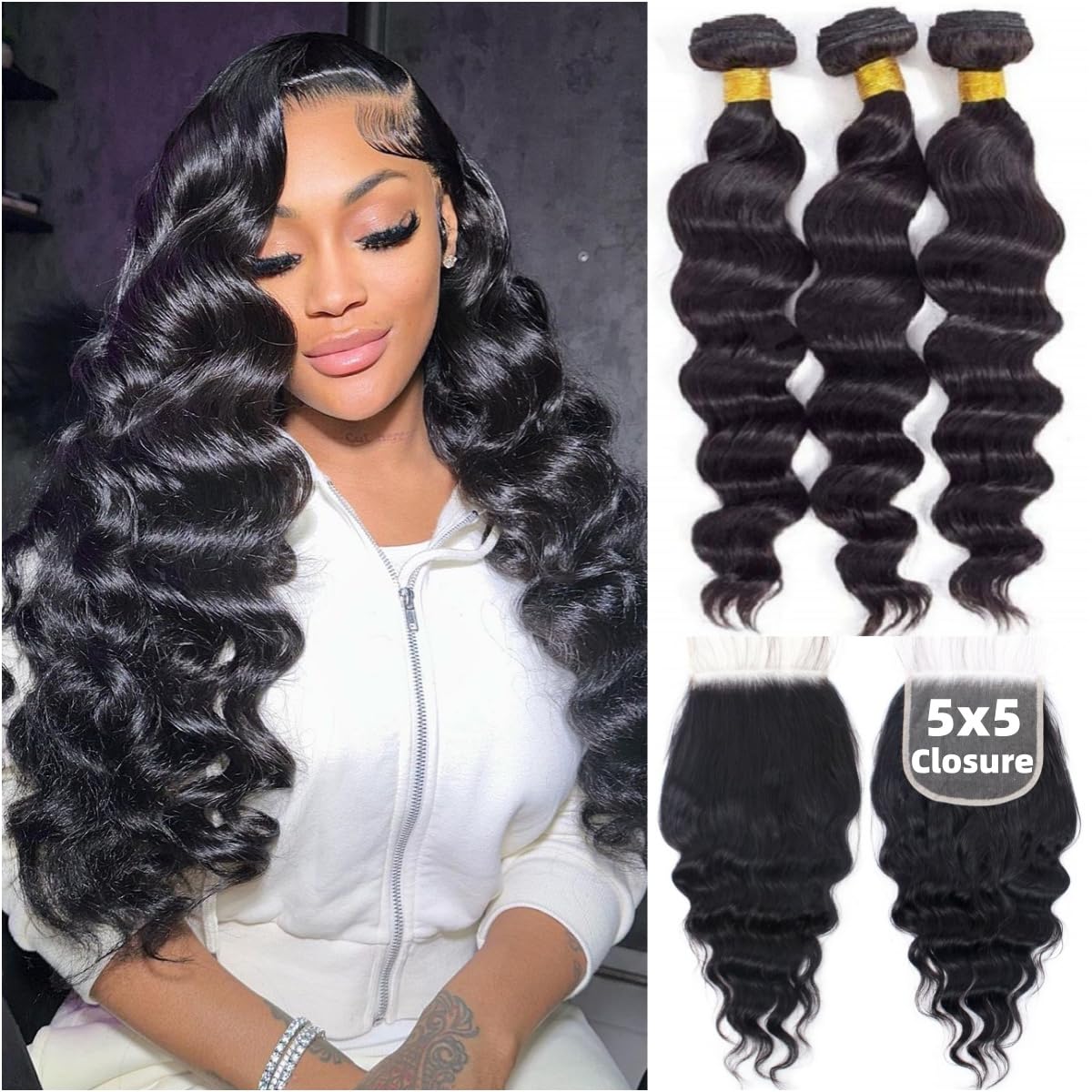 Deep Wave 3 Bundles With Closure - Loose Wave Human Hair Bundles With