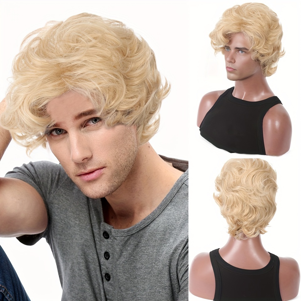 Synthetic Wigs - Mens Blonde Wig Short Wavy Fluffy